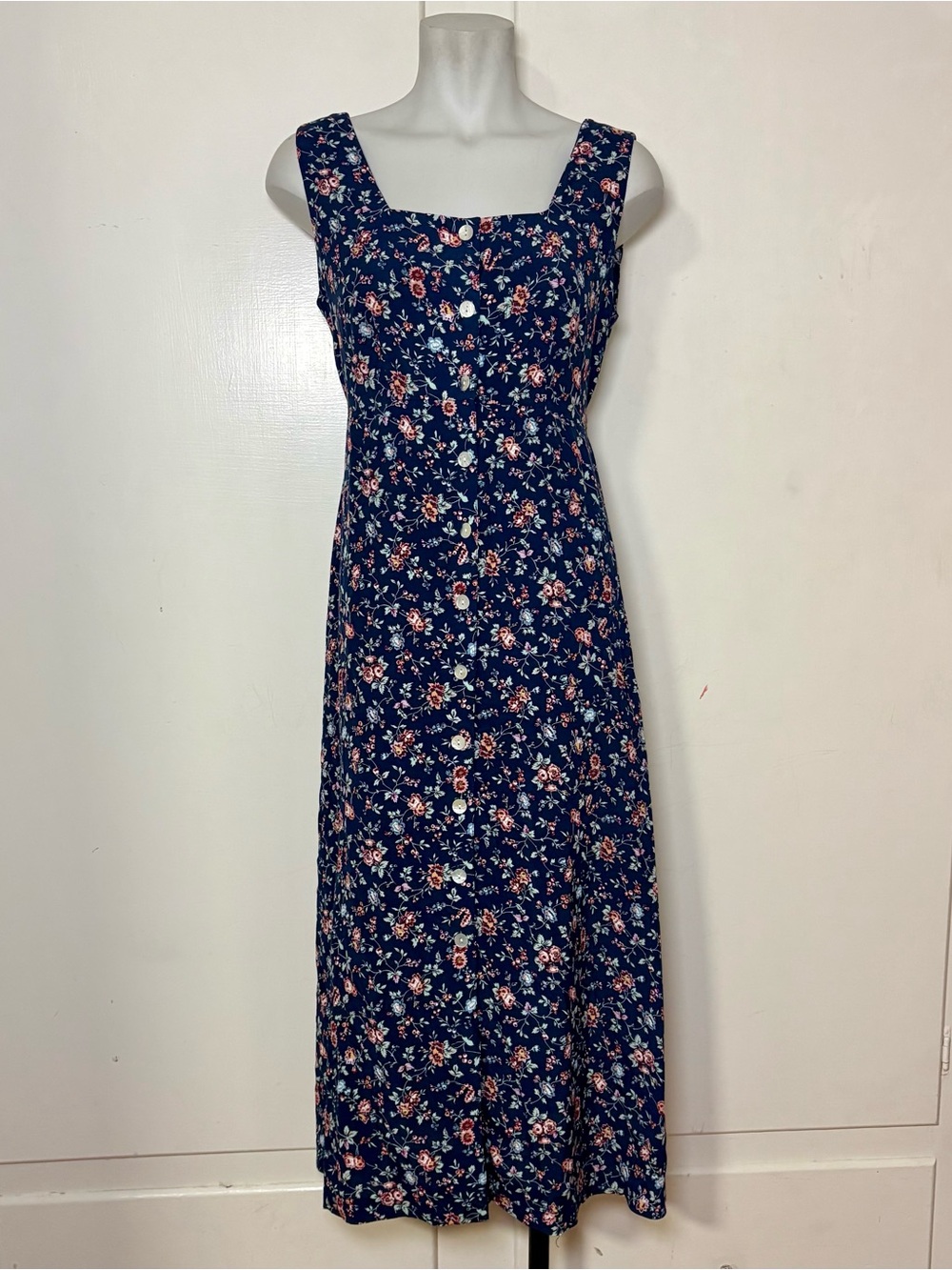 Vintage 90s Robbie Bee Blue Floral Button Up Short Sleeveless Square Neck Dress